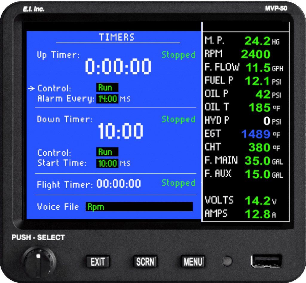 MVP-50P Engine Monitor Timers Screen