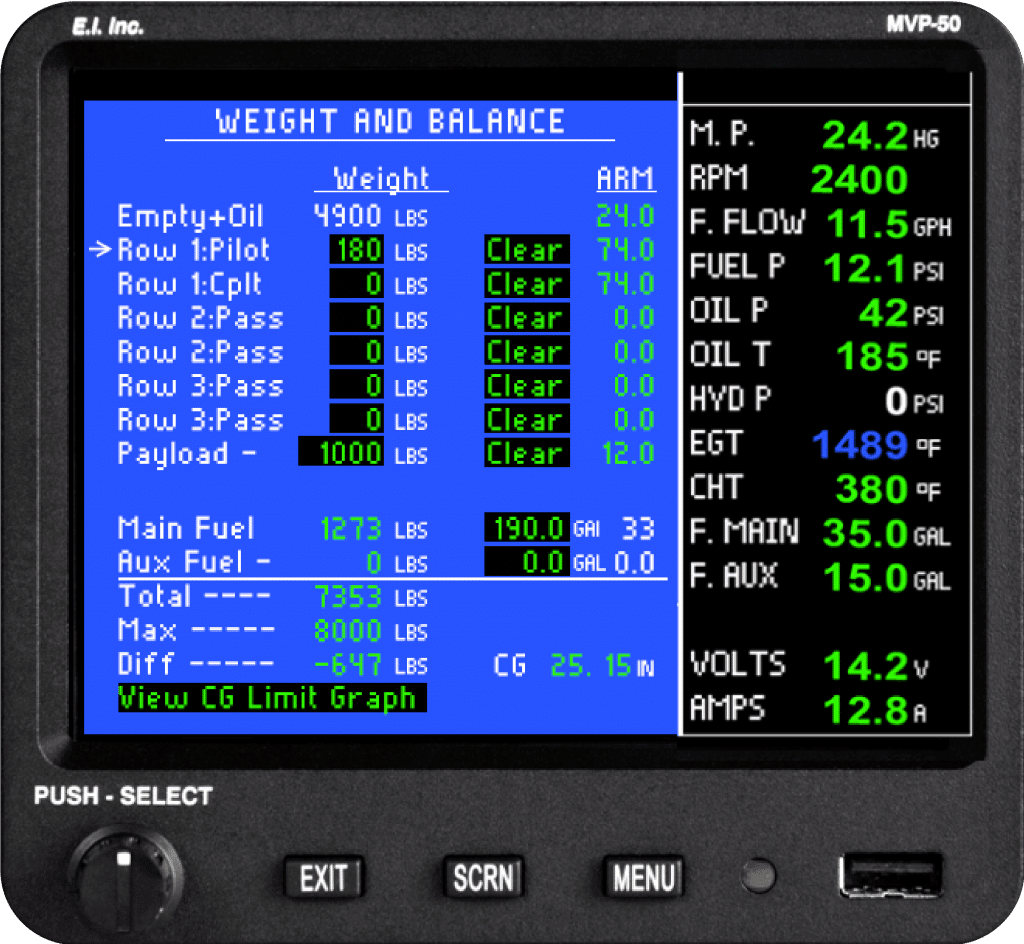MVP-50P Monitor Weight and Balance Data Screen